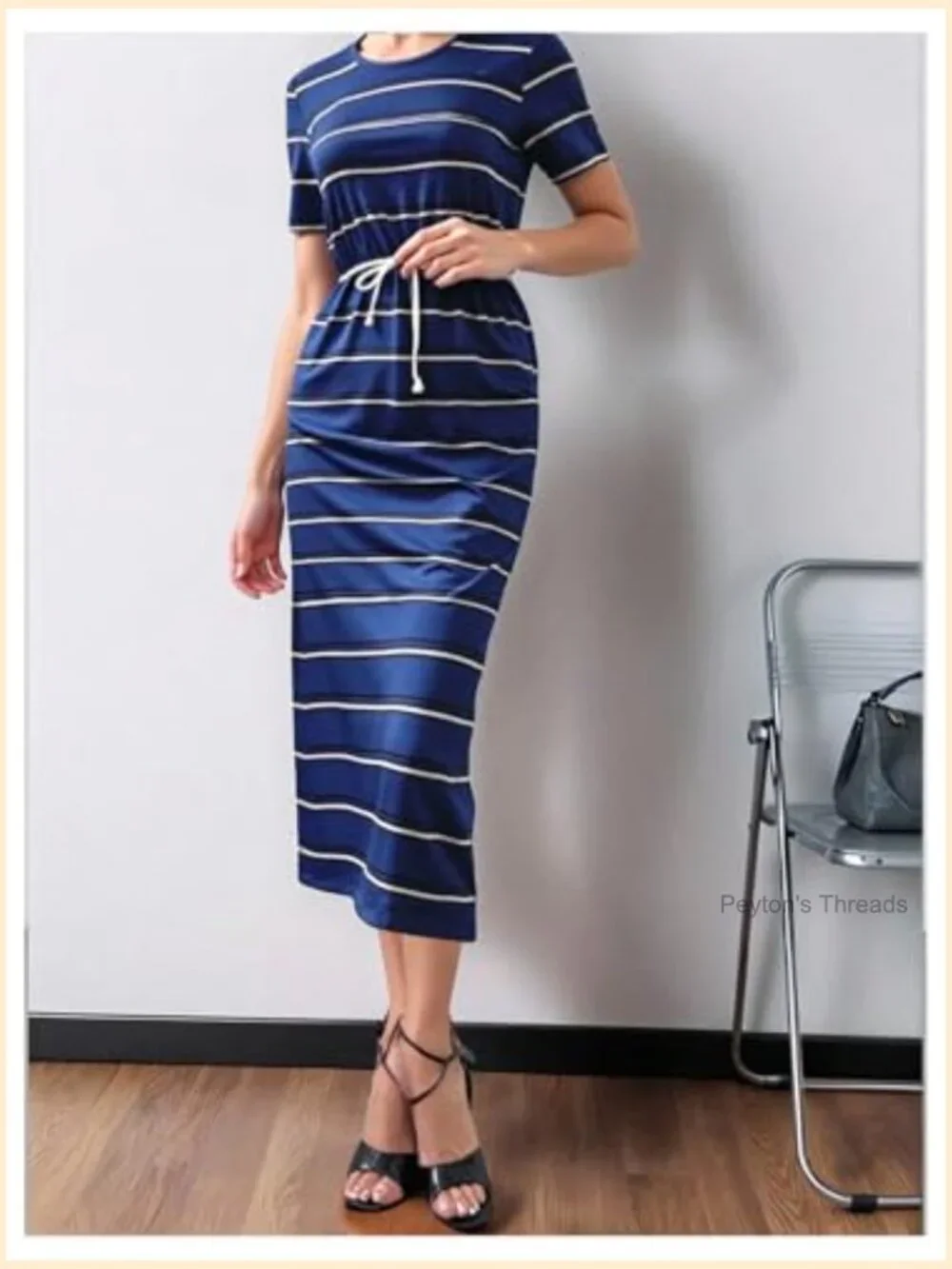 Women's Striped Midi Dress Short Sleeve Drawstring Waist Summer Work Casual - Picture 5 of 5